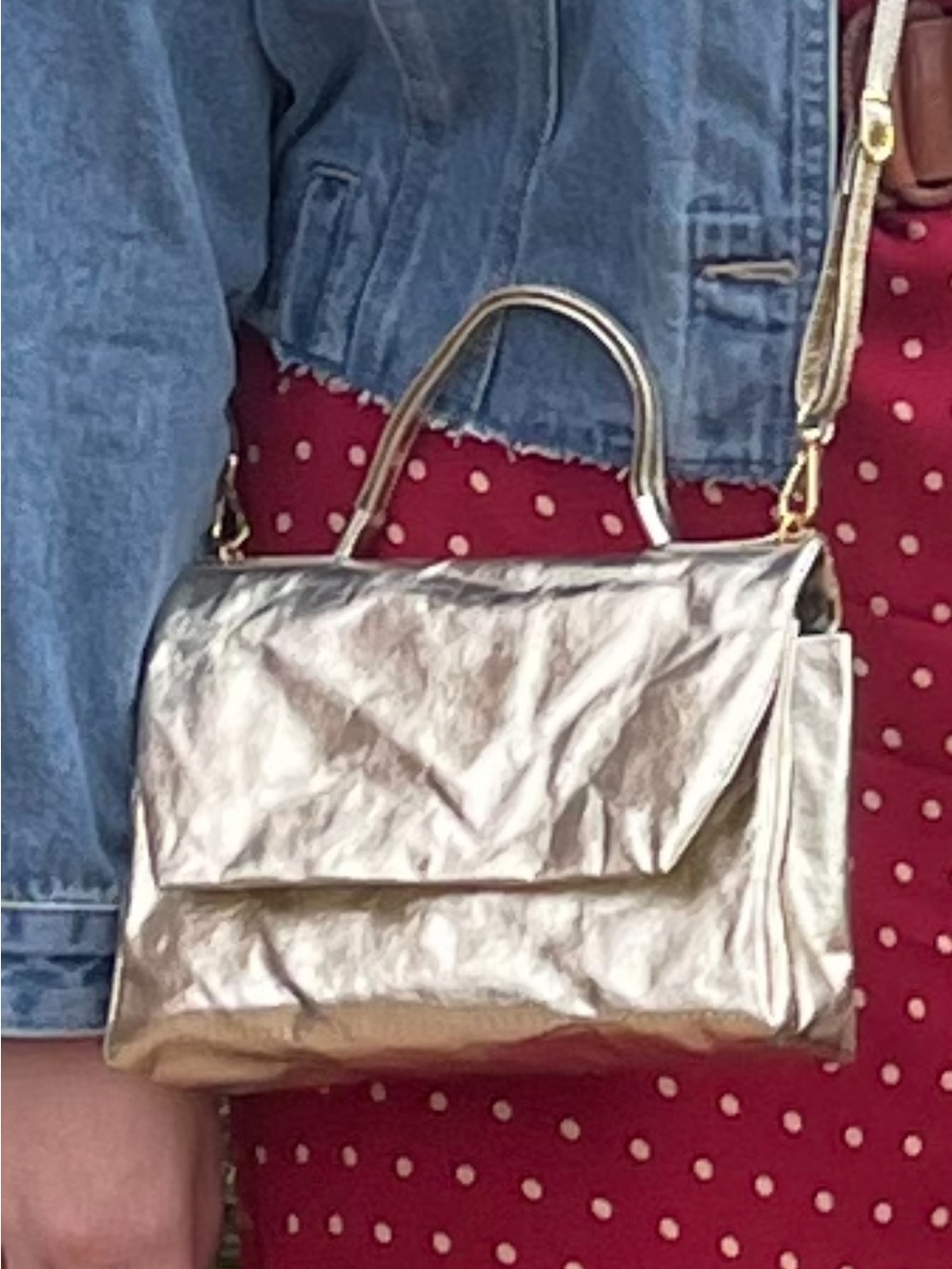 Metallic Gold Top-Handle Crossbody Bag